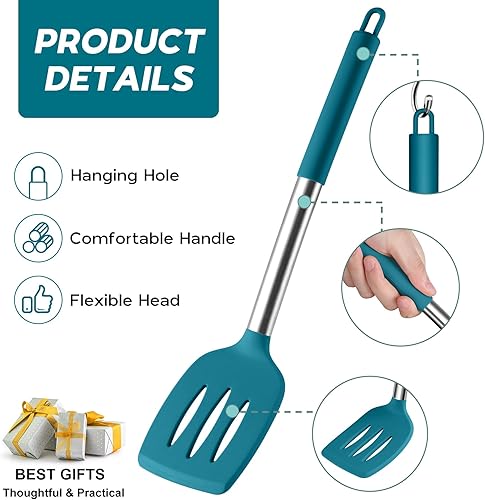 Miniatura 4 de Onader - Juego de utensilios de cocina de 15 piezas con soporte, espátula de silicona resistente al calor con mango de acero inoxidable, color azul