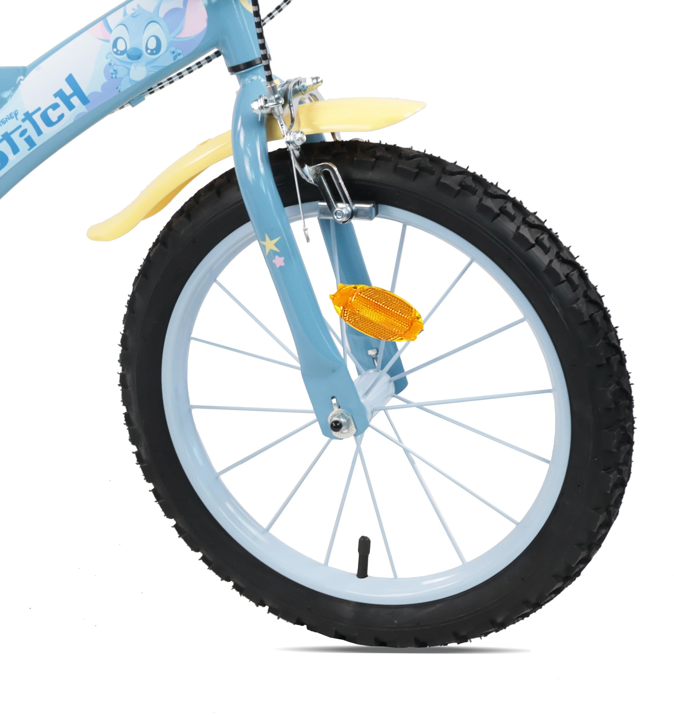 Vélo 16'' Stitch équipé de 2 Freins, Roues gonflables, Plaque Avant décorative, bidon arrière et stabilisateurs Inclus.