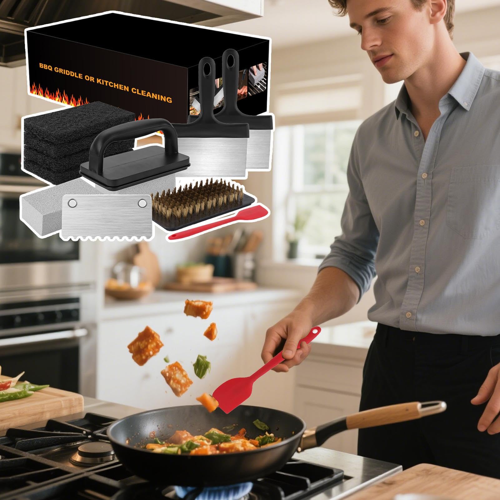Kit Per Pulizia Piastra Barbecue, Attrezzi per Pulizia Piastre con Rimozione Ruggine, Utensili da Cucina Portatili Resistenti, Set Ergonomico per Picnic, Spiaggia e Giardino