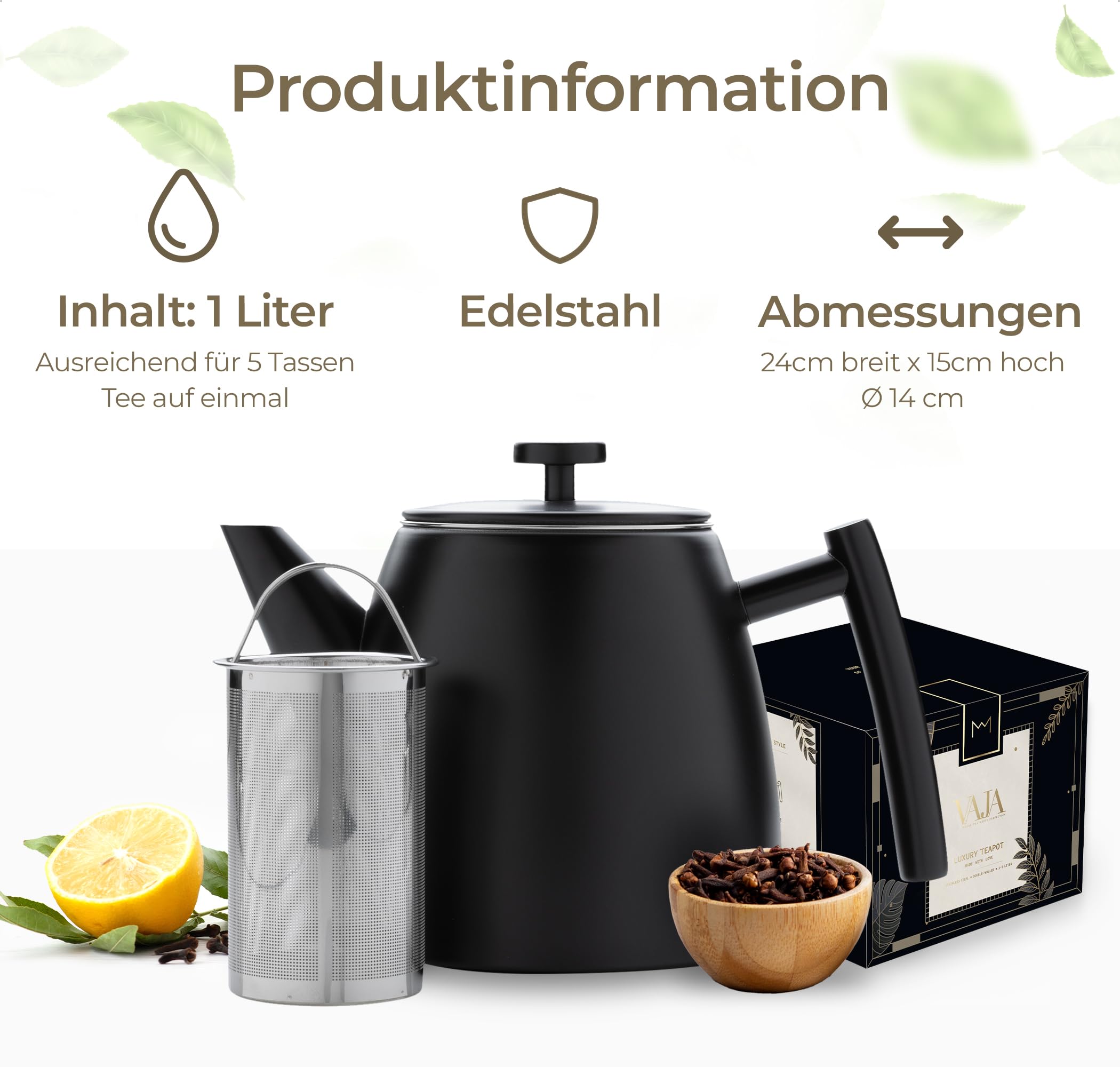 Vaja Trends | Doppelwandige Teekanne | Isoliert und Tropffrei | Edelstahl Schwarz Matt 1L | Inklusive Teesieb | langanhaltende Wärme
