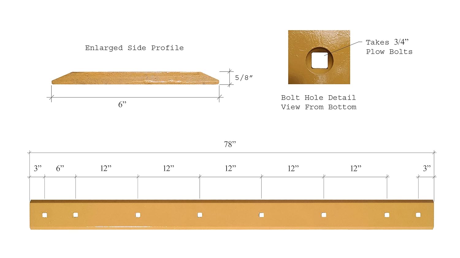 KV12758HT Bolt On Skid Steer Heat Treated Cutting Edge with Hardware, fits John Deere KV12758, 8 Bolt, 5/8"X6"X78"