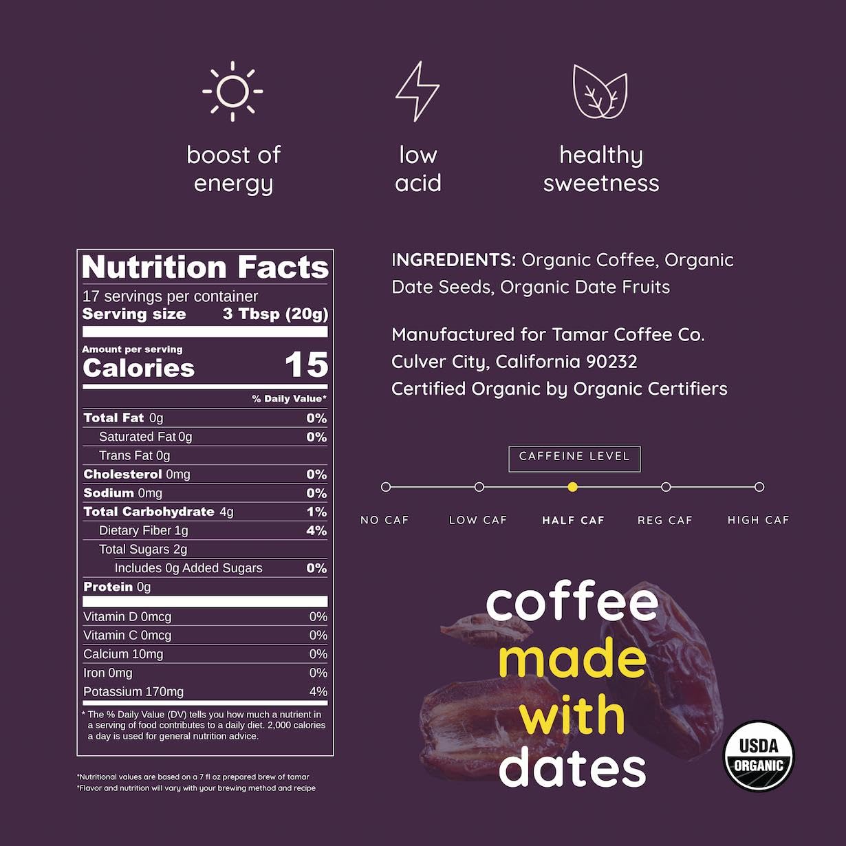 Balance by Tamar Date Coffee | Organic Ground Blend of Coffee & Whole Dates | Low Acid | Less Caffeine | Healthy Sweetness | Boost of Energy | Medium Roast | 12oz bag