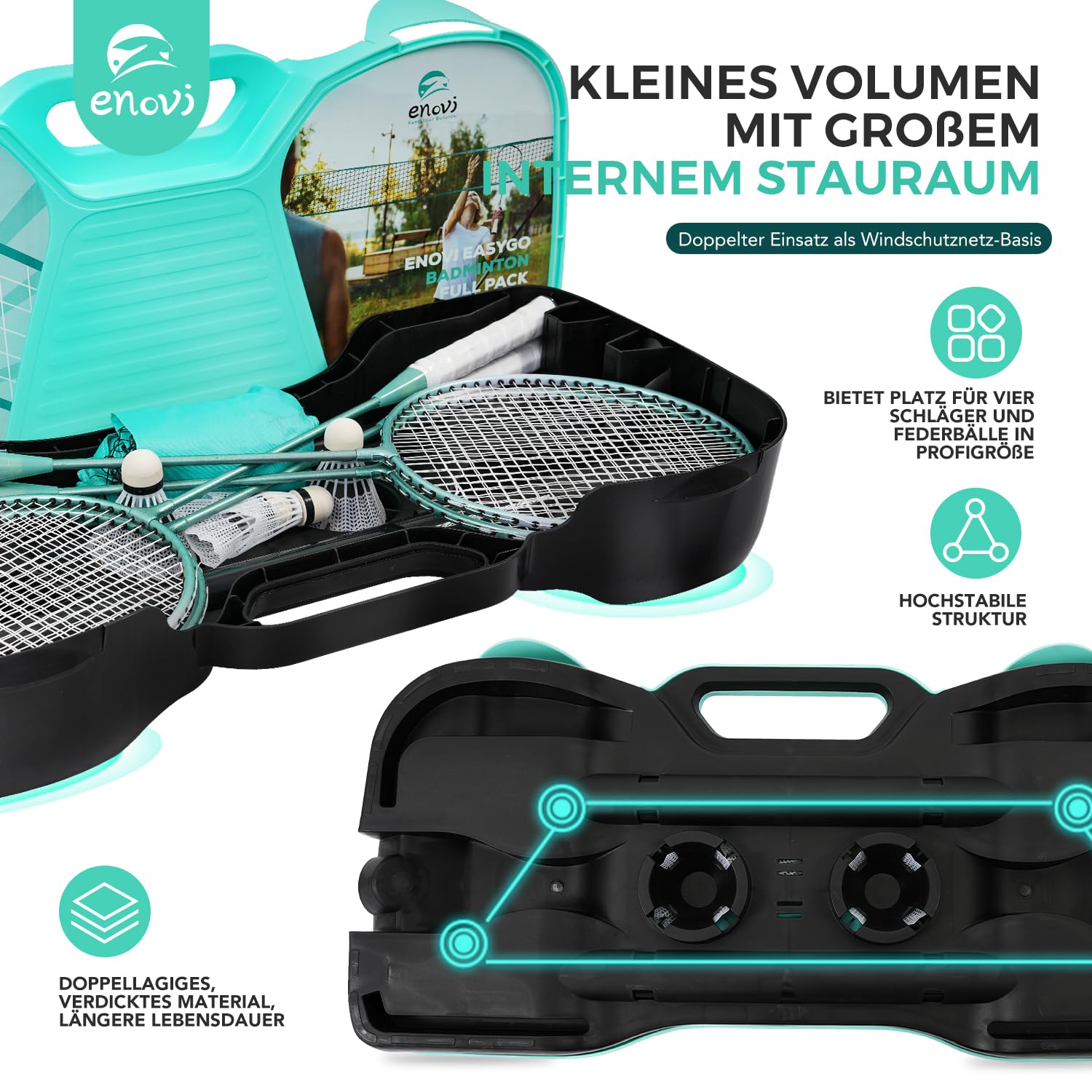 EasyGo Federball Set, Badminton Set mit 4 Schläger, Badminton Netz, 4 Federball, Tragbare Aufbewahrungsbox