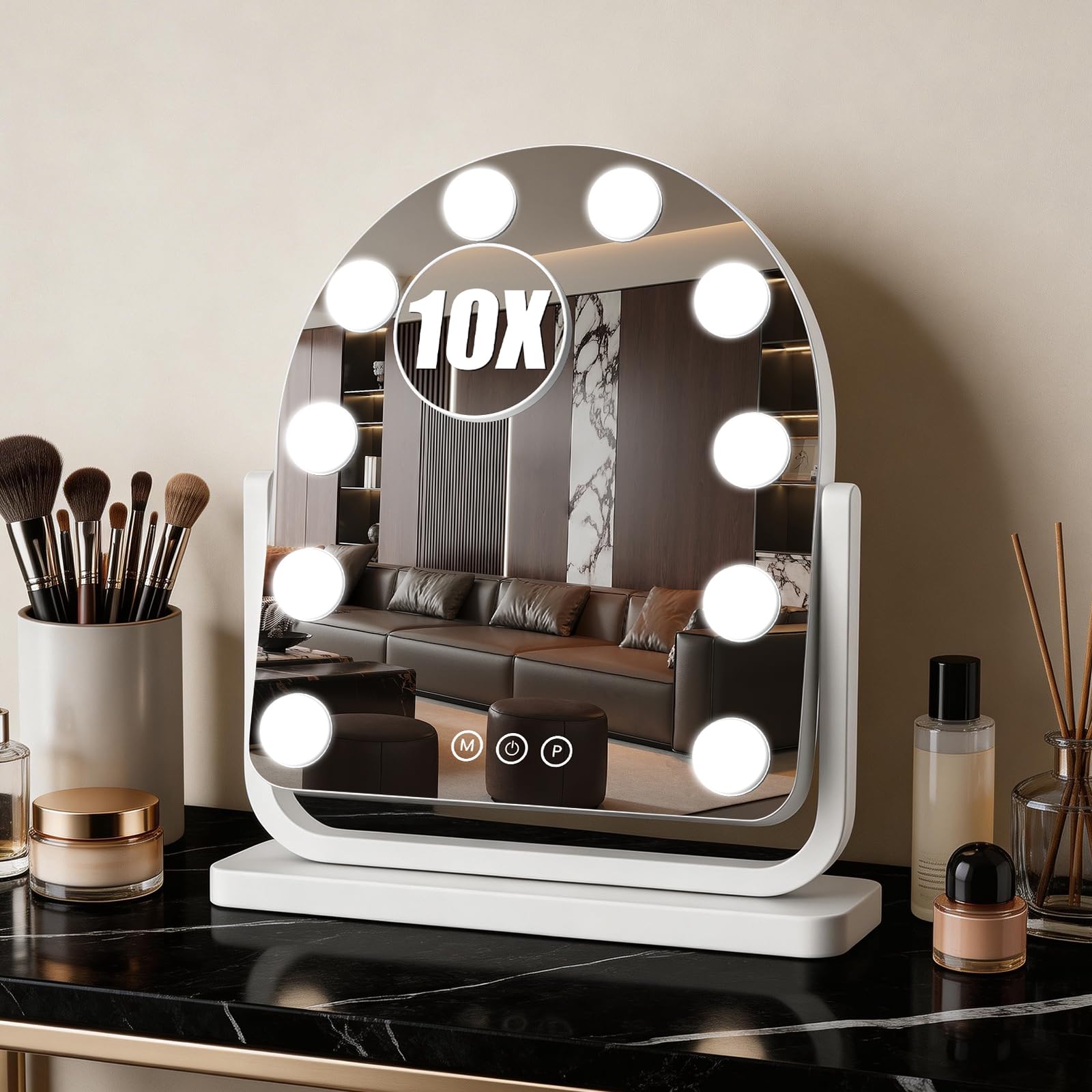 Specchio cosmetico ad arco ricaricabile con luci, 35,5 x 30,5 cm, specchio per trucco Hollywood con 10 lampadine, batteria da 3000 mAh, illuminazione a 3 colori, dimmerabile, ingrandimento 10x