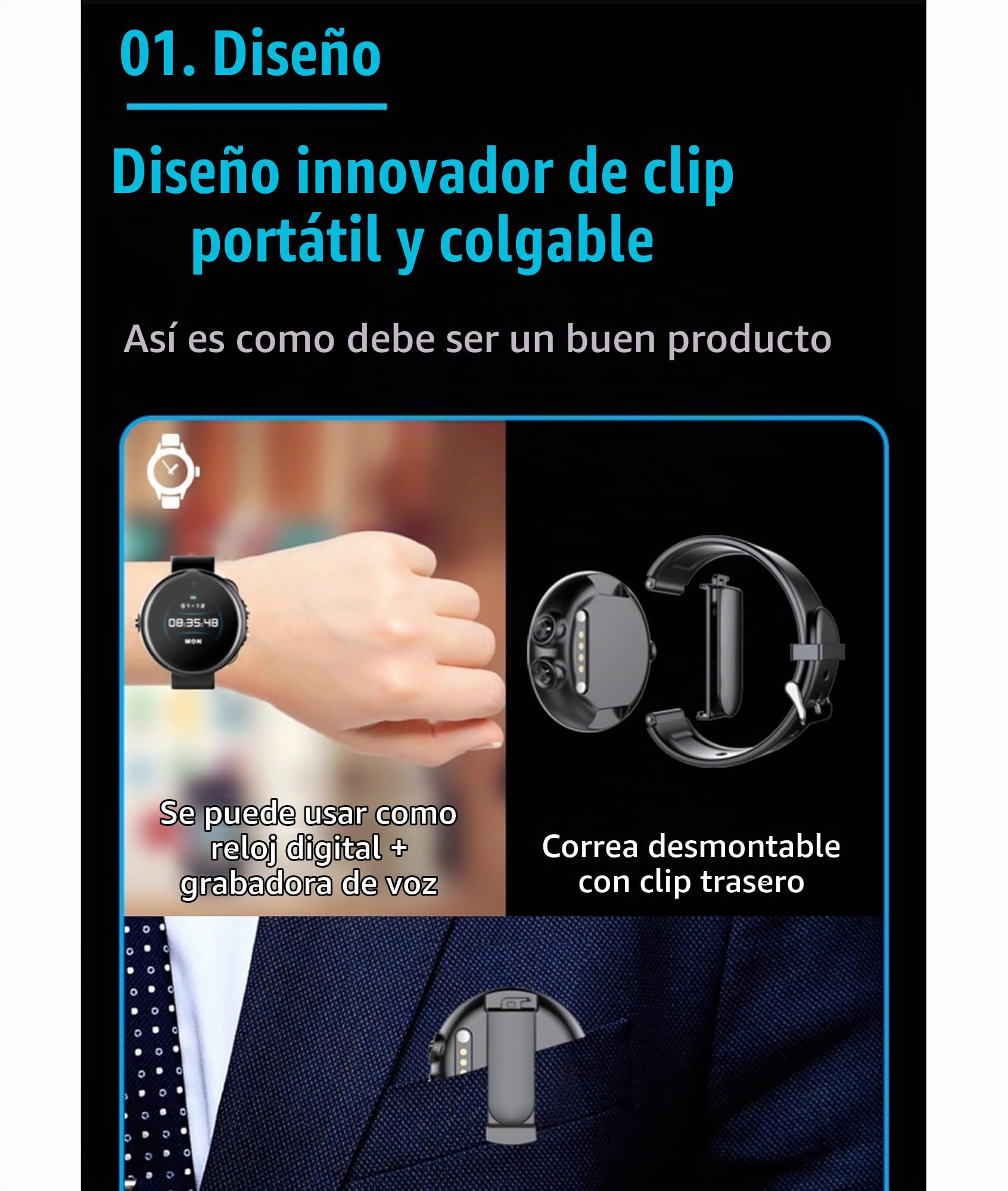Pulsera con Cámara Espía, Reloj Grabador Digital Activado por Voz con Reducción de Ruido, Dispositivo Inteligente de Grabación de Sonido HD con IA Pulsera Grabadora de Video, (12)