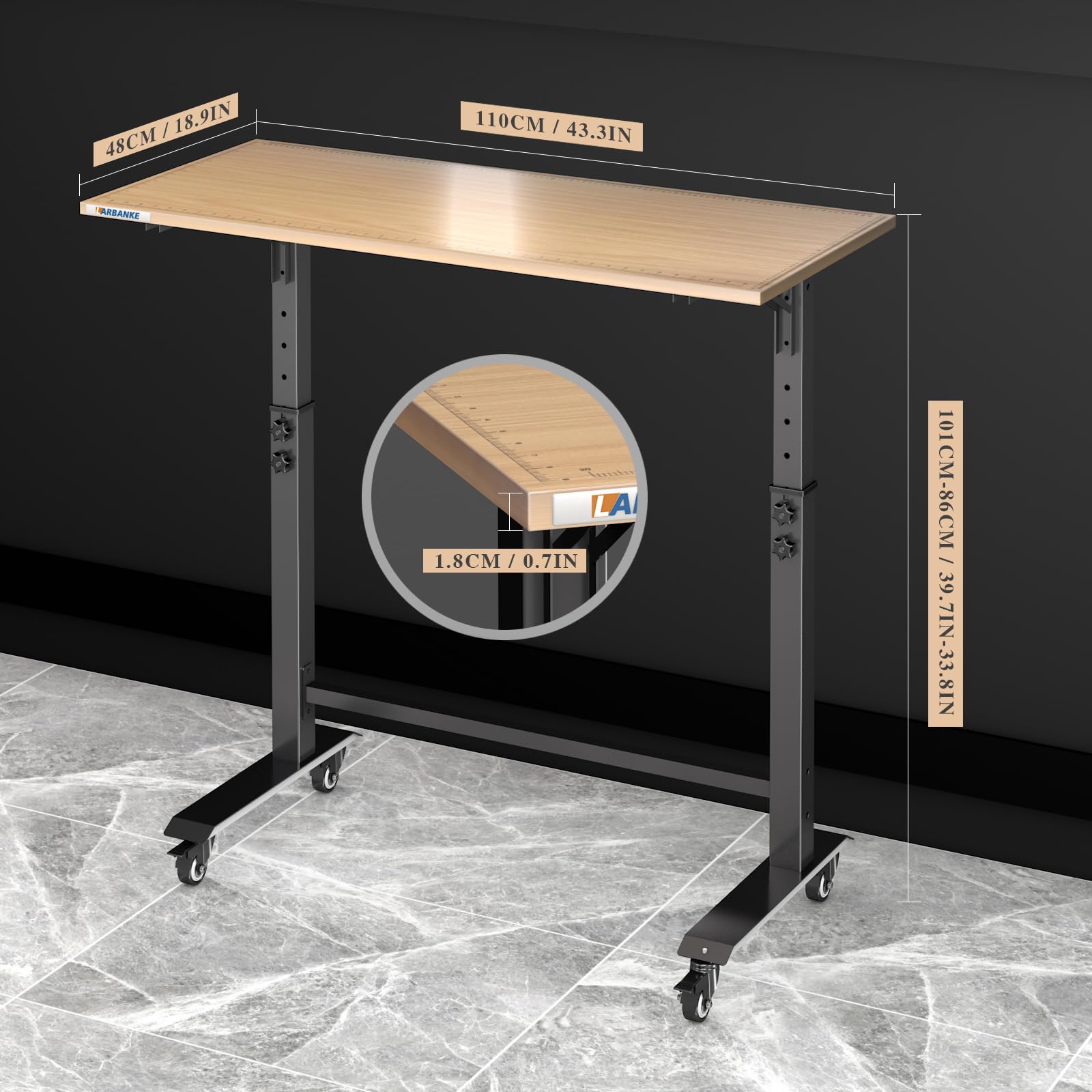 LARBANKE Klappbare Werkbank (115cm) Belastbar bis 363kg, Mobiler Arbeitstisch Höhenverstellbar (85-115cm), Schwerlast-Tisch mit Rollen & Skala, Werkzeuglose Montage