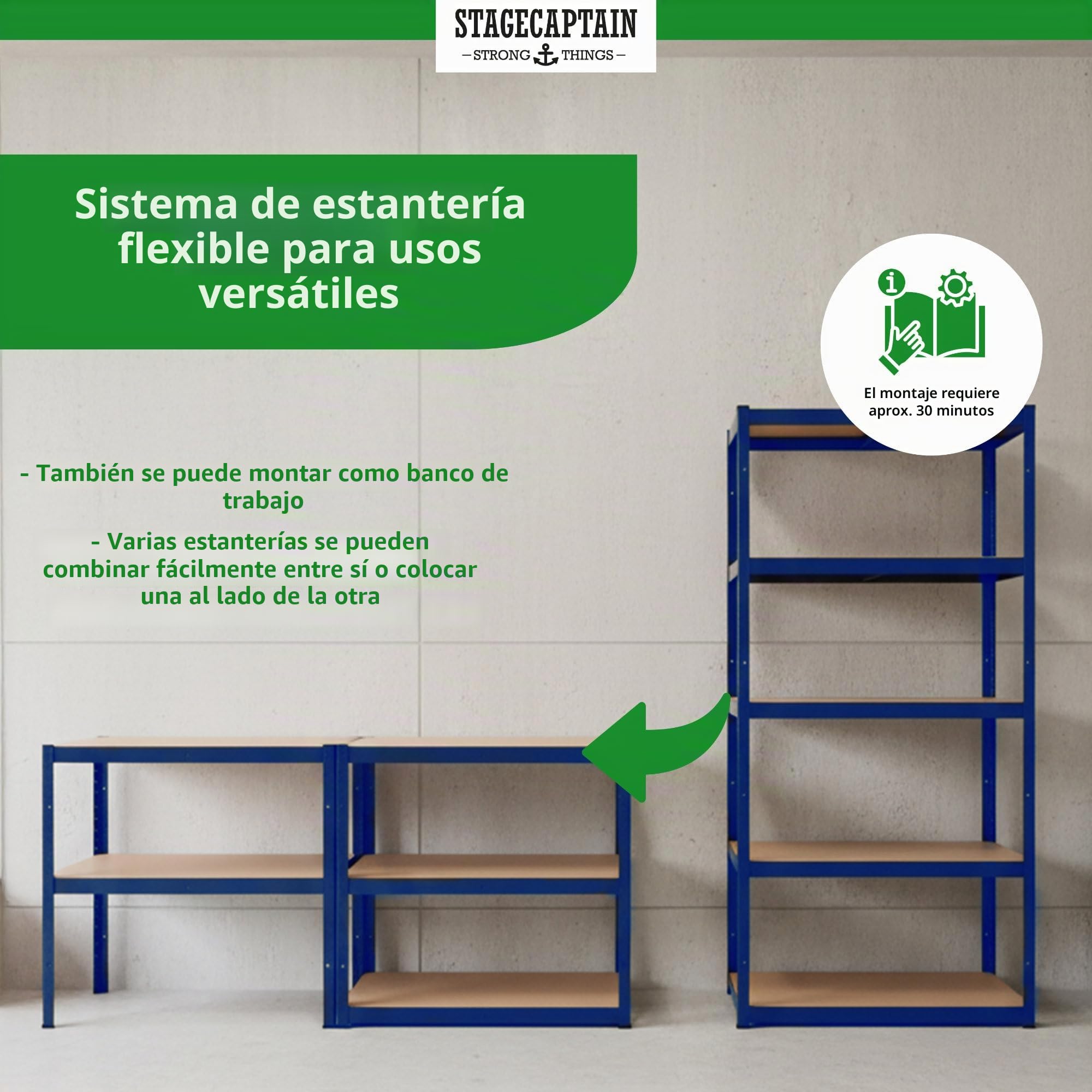 Stagecaptain Heavyrack HR-175 BU Juego de 2 estanterías metálicas - Estanteria Almacenaje de Cargas Pesadas de 875 kg MAX. - Estante Almacenamiento - 5 Baldas Multiusos - Azul