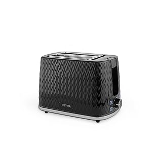Petra PT3860BLKVDEEU10 Chevron Tostadora de 2 ranuras - 7 niveles de tostado, accesorio para bollería, bandeja para migas, descongelar, recalentar y cancelar, luces indicadoras, 930 W, negra