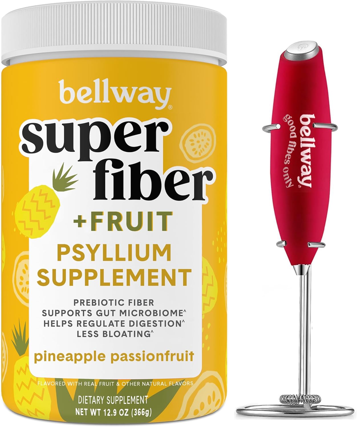 Bellway Super Fiber Powder + Fruit, Pineapple Passion Fruit Electric Frother Bundle