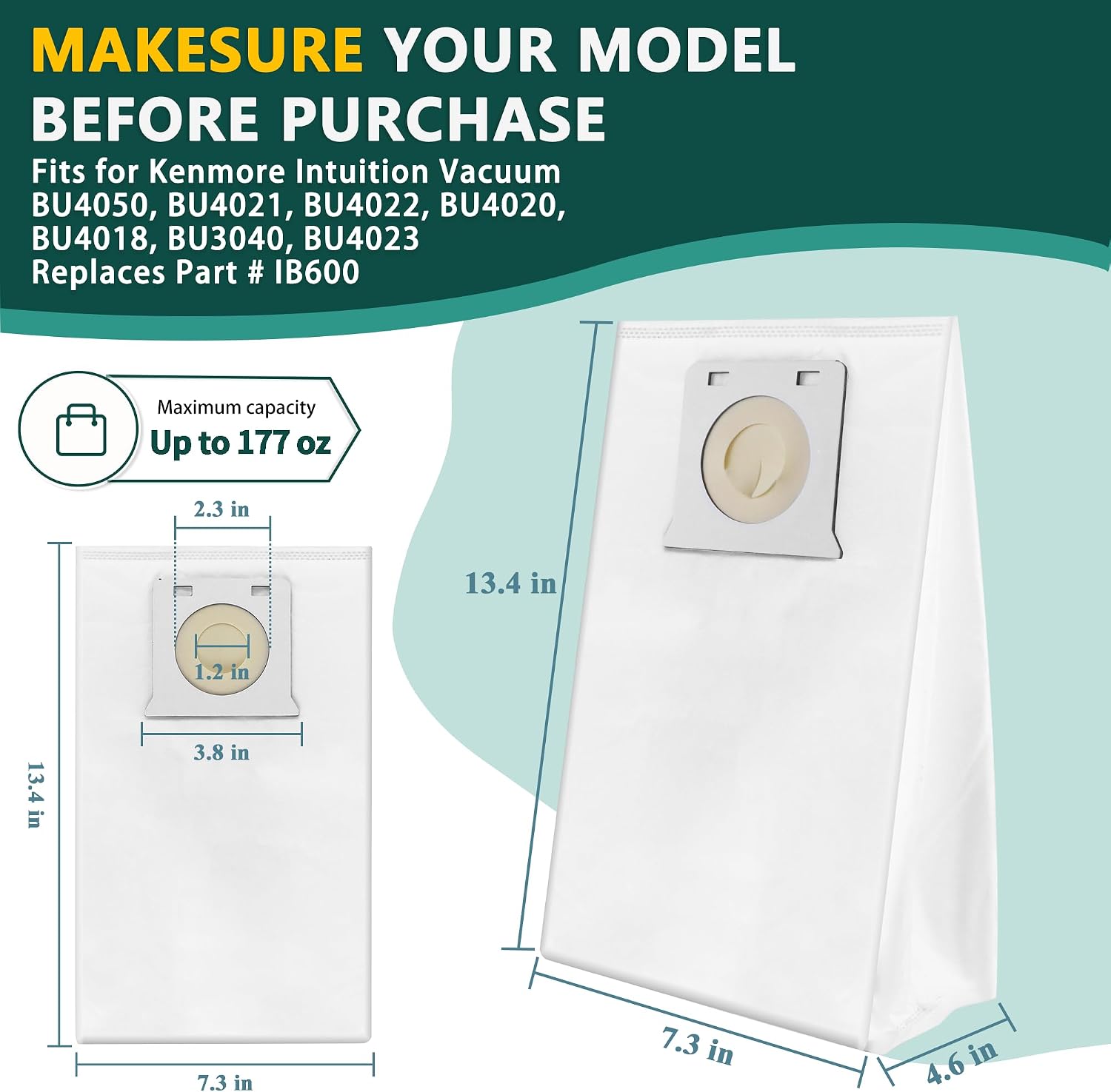 IB600 HEPA Vacuum Bags Compatible with Kenmore Intuition Upright Vacuum | Compatible with Kenmore Vacuum of all models, BU4050 BU4021 BU4022 BU4020 BU4018 BU3040 BU4023 etc, 6 Pack, White