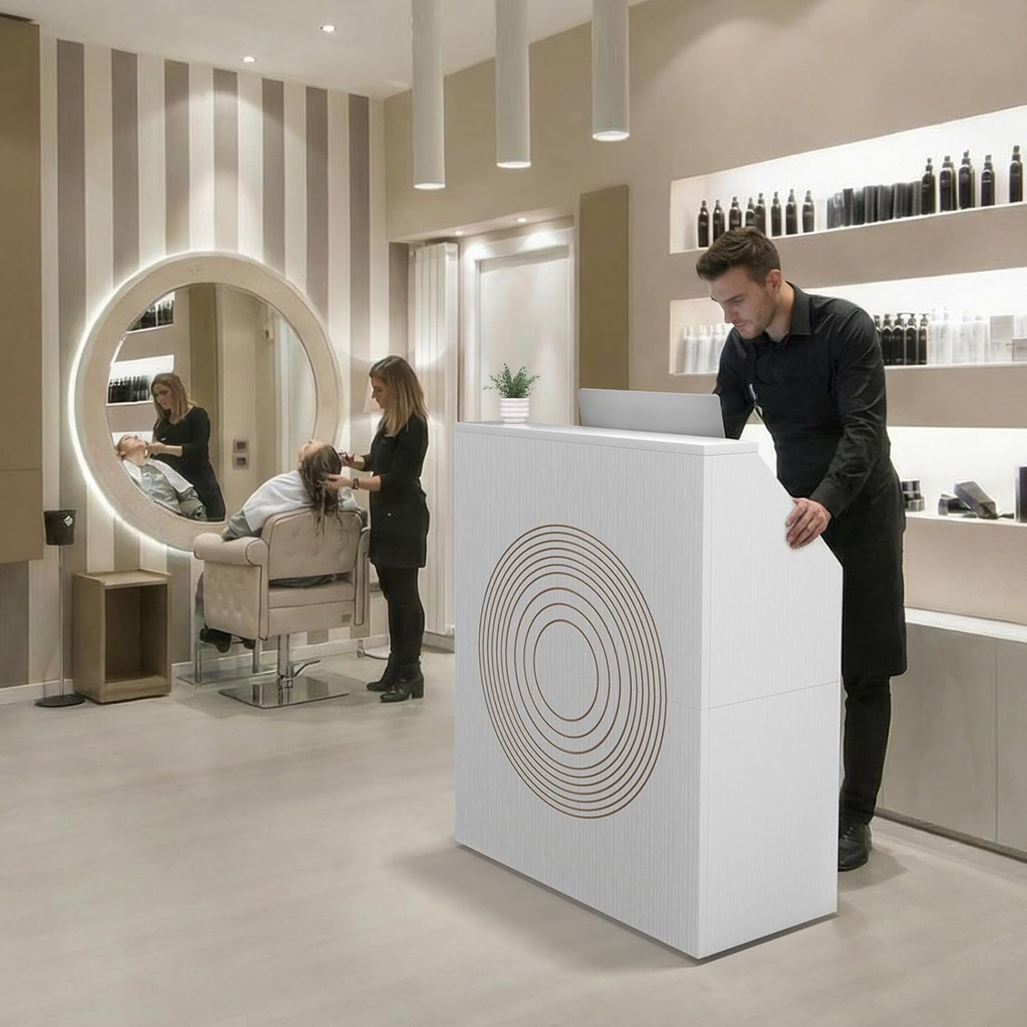 Small White Reception Desk with Counter for Salon 31.5 Inch Front Modern Standing Receptionist Room Tables Checkout Counter for Office