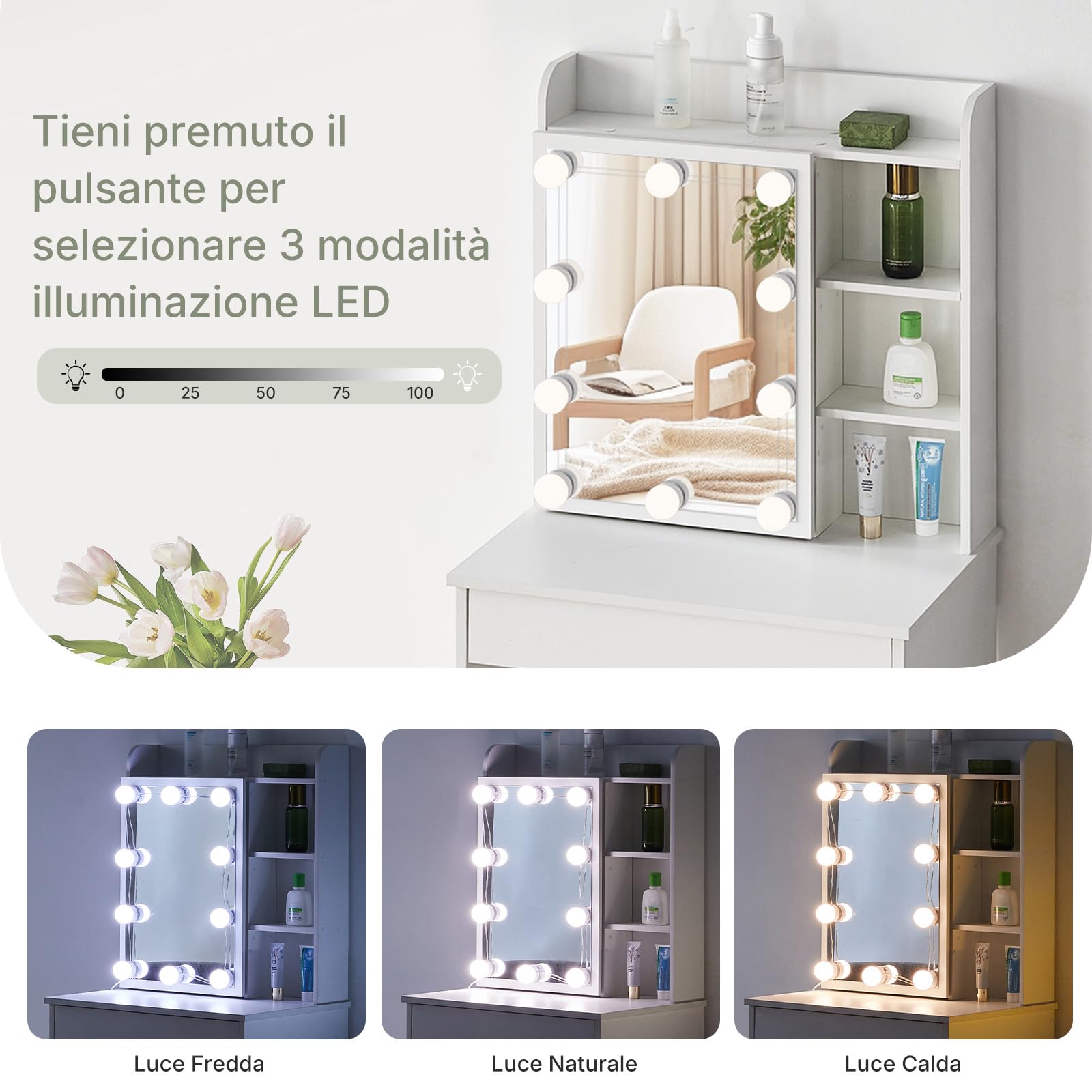 LEMROE Hollywood - Tavolo da toeletta con specchio a LED e sgabello, tavolo da trucco, scrivania da toeletta bianca con 7 ripiani e 1 grande cassetto per camera da letto
