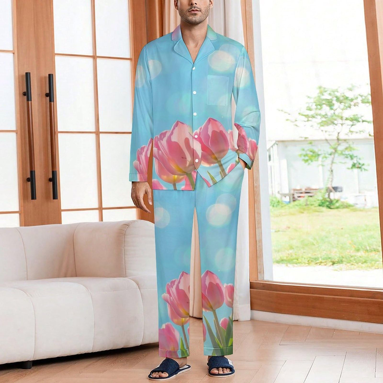 Pigiama da Uomo in Campi di Tulipani Rosa, Due Pezzi Set Completo con Camicia a Maniche Lunghe Bottoni e Pantaloni con Tasche Abbigliamento Casa Blu