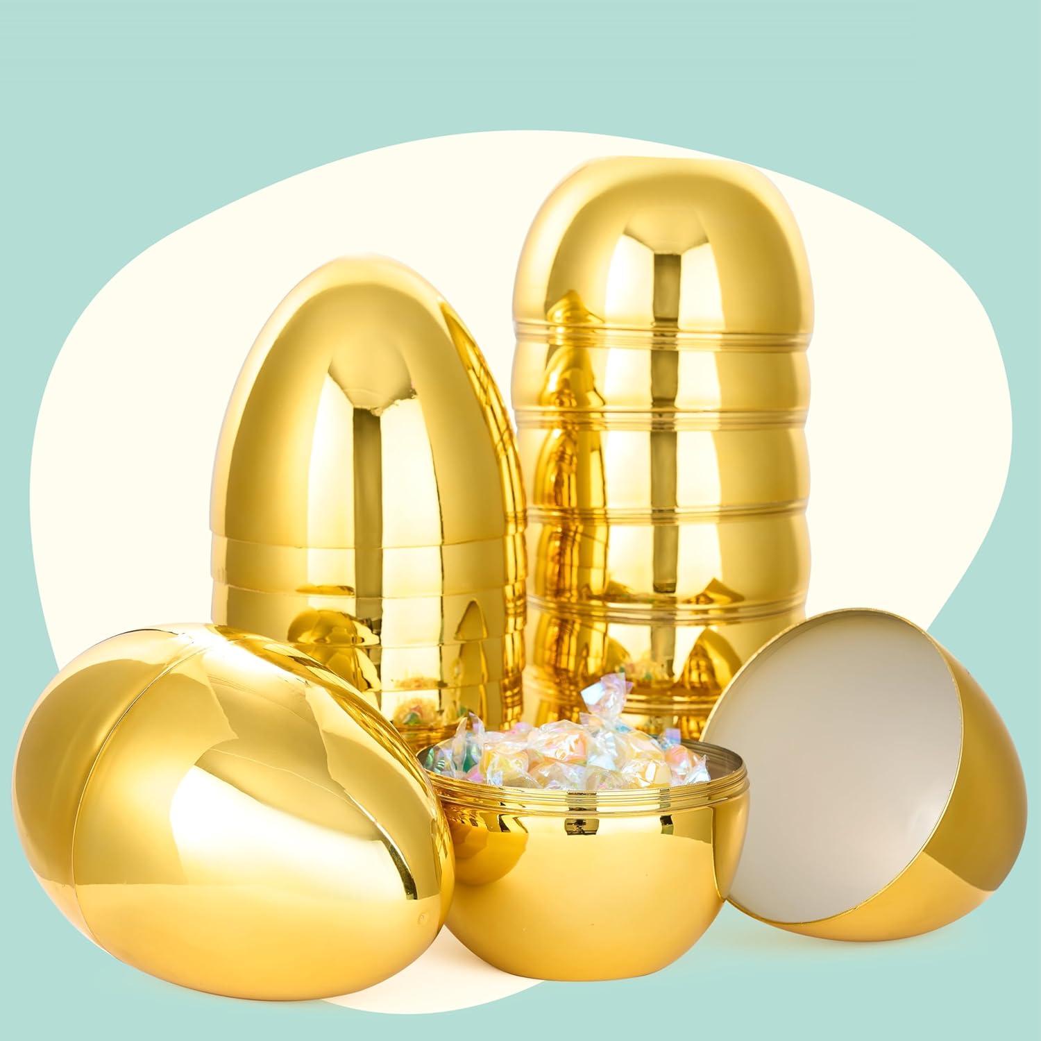 JOYIN 6 Pcs Large Gold Easter Eggs, 6 Inches Metallic Jumbo Plastic Eggs Fillable for Easter Themed Hunt Basket Stuffers Fillers Filling Treats Party Favor Classroom Prize Supplies