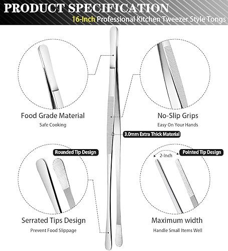 Miniatura 2 de JETKONG 2 pinzas de cocina de 16 pulgadas de acero inoxidable, pinzas rectas para alimentos, pinzas profesionales de cocina para reparar y hacer