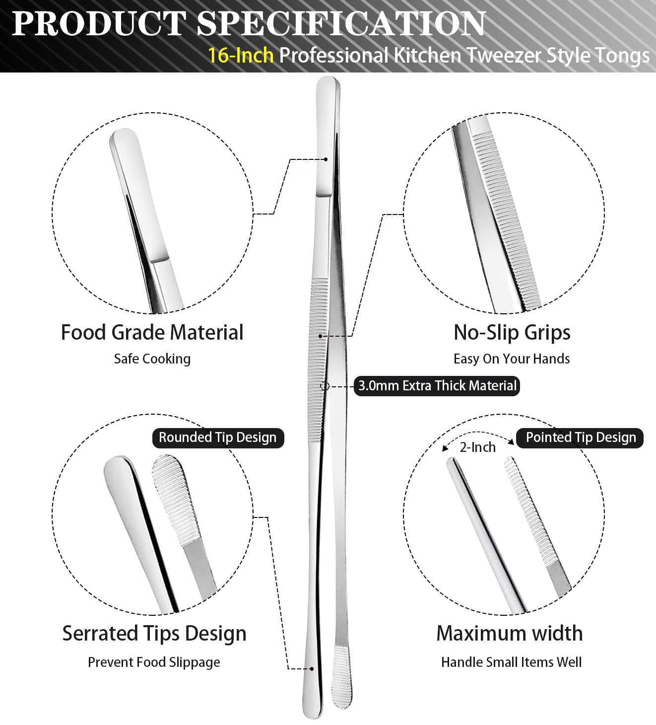 JETKONG 2 pinzas de cocina de acero inoxidable de 16 pulgadas, pinzas rectas para alimentos, pinzas de cocina profesionales para cocinar reparación y barbacoa (16 pulgadas, plateado)