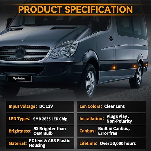 Miniatura 2 de POPMOTORZ Juego de 2 luces LED de señalización de giro lateral para VW C-rafter 2006-2018 Mercedes Sprinter W906 2006-2018 (Lente transparente)