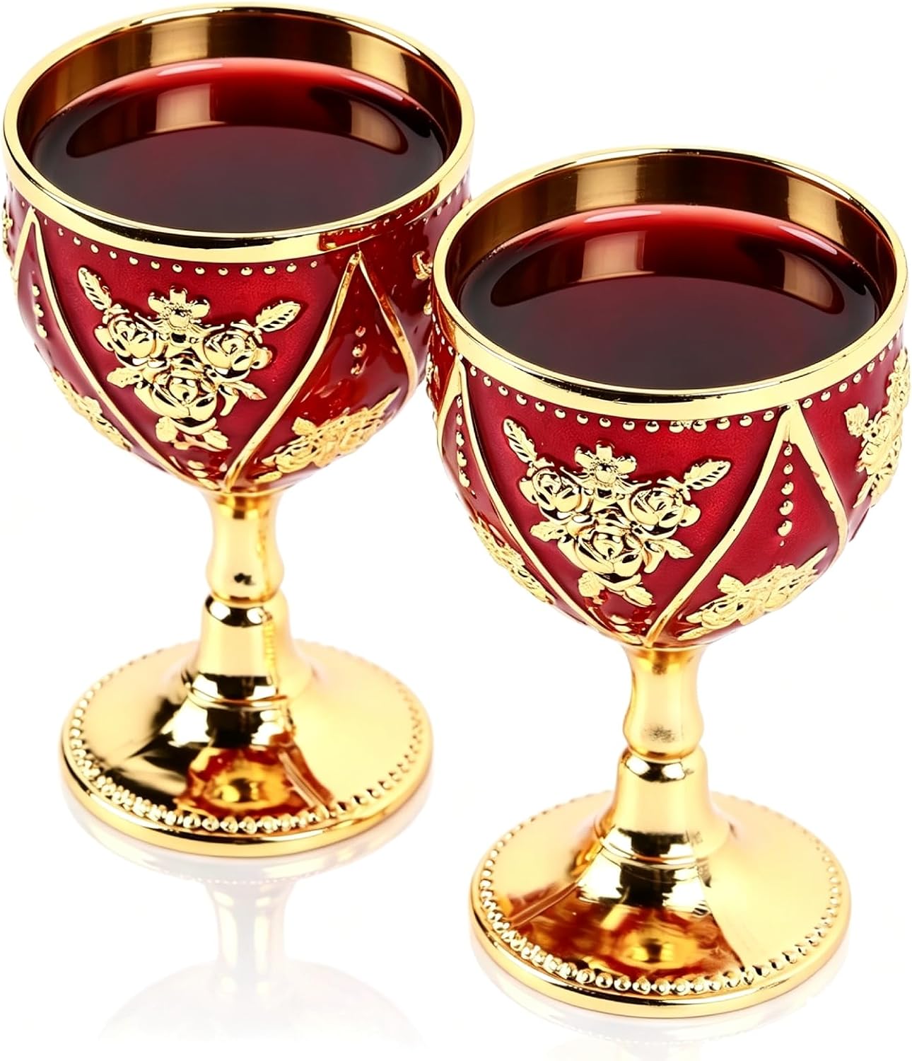 Cyrank Vintage Metal Goblet, 2Pcs Metal Embossed Wine Cup Mini Goblet Chalice Goblet Shot Glasses Wine Drinking Cup Decorative Goblet(Gold Red)