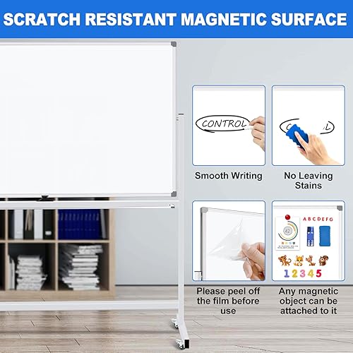 Miniatura 10 de Pizarra blanca grande de borrado en seco con soporte rodante de 72 x 48 pulgadas, pizarra blanca magnética móvil de doble cara sobre ruedas, incluye