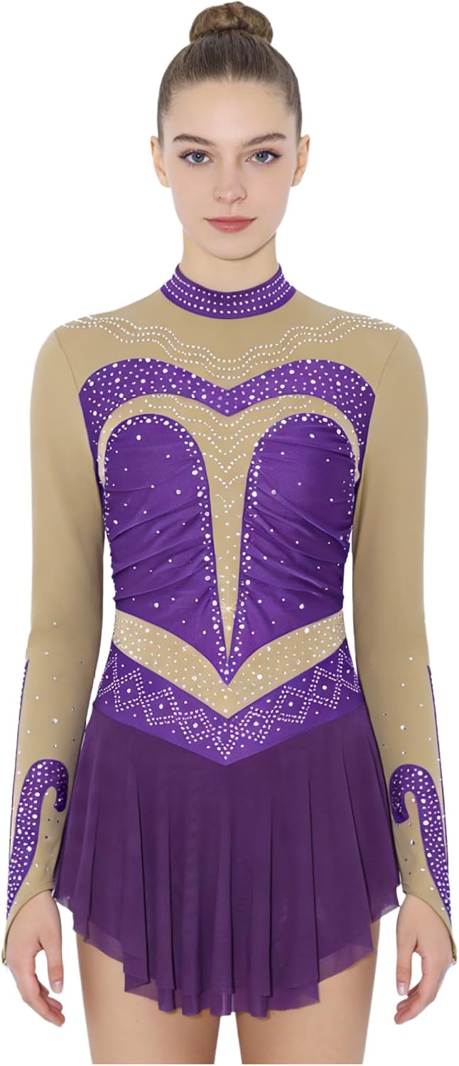 Women's Sparkly Rhinestone Lyrical Dance Costume Figure Skating Dress Long Sleeve Ballet Dancewear