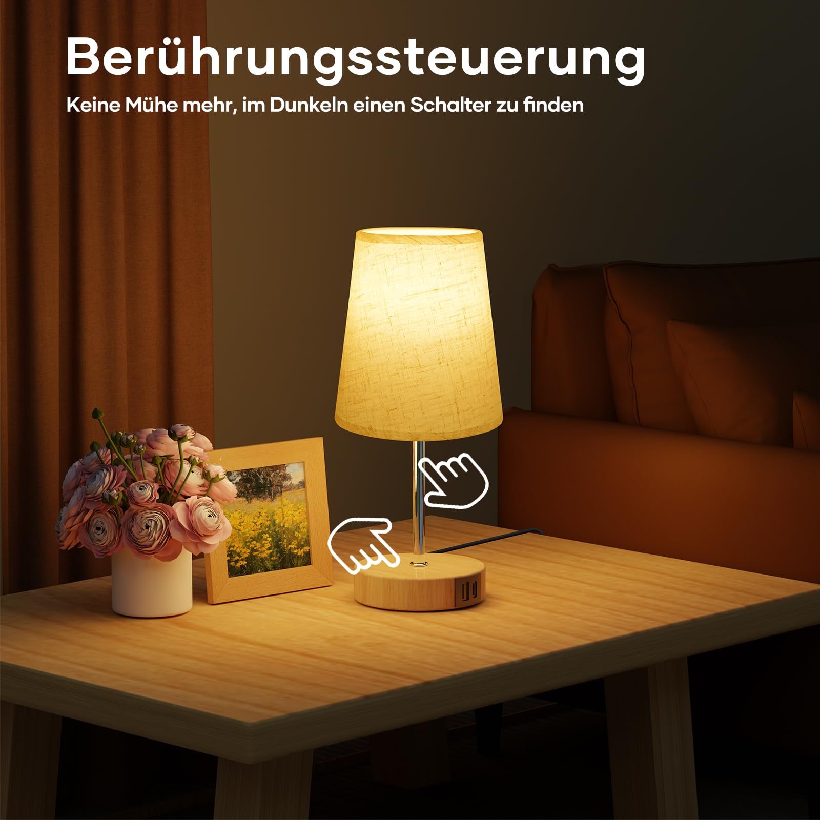 Suright Nachttischlampe Touch Dimmbar, Tischlampe mit USB A+C Ladeanschlüssen, Leinen-Lampenschirm, Holzsockel, Kleine Lampe für Nachttisch Schlafzimmer Wohnzimmer Gästezimmer (LED-Birne Inklusive)