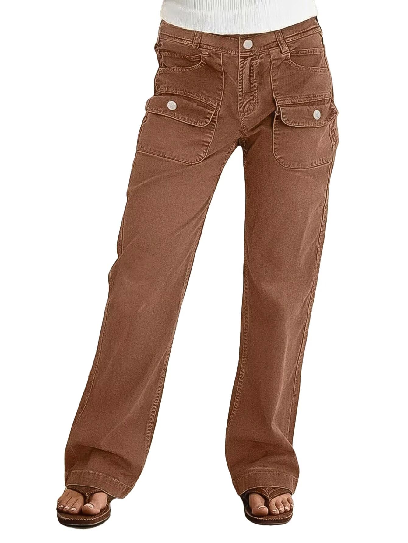 Flamingals Straight Leg Mid Waist Pants for Women with Solid Flap Pockets