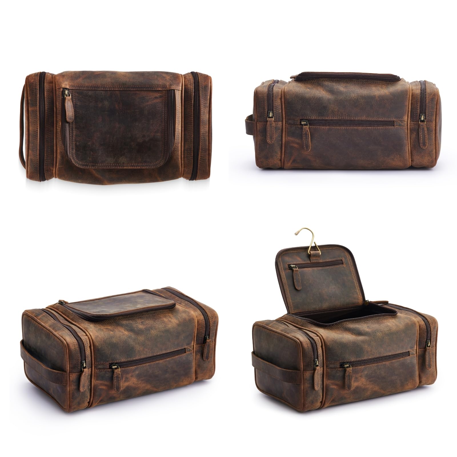 NomadCraftsCo. Neceser de cuero para hombres y mujeres, bolsa de viaje de cuero de primera calidad, kit de viaje para viajes, bolsa, organizador de bolsas grandes para hombre, Marrón vintage, Extra
