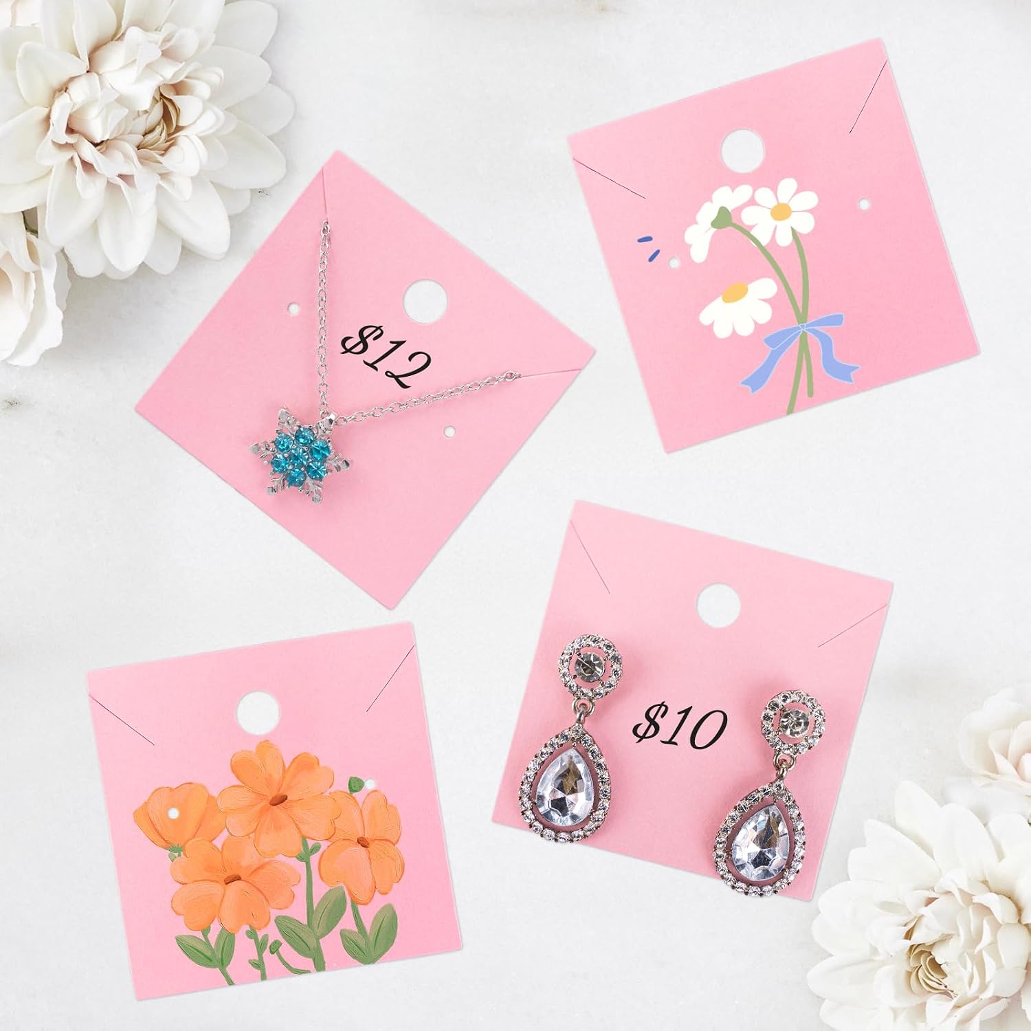joycraft 100Pcs Earring Display Cards – 2.36In Square Necklace Display Card, Earring Kraft Paper Holder Cards for Handmade Jewelry, Small Business, Craft Fair, Retail Display,Pink