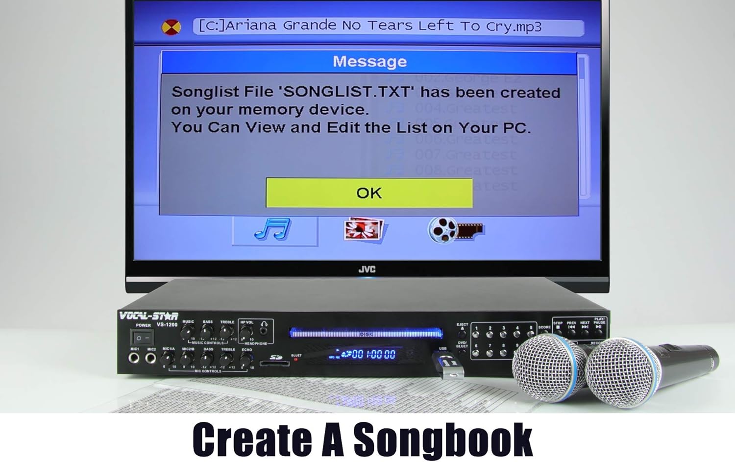 Vocal-Star VS-1200 karaoke machine connected to a TV displaying a message about creating a 'SONGLIST.TXT' file on a memory device, demonstrating the Songbook Creator feature.