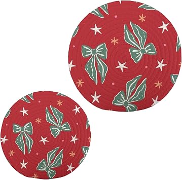 Round Heat Pad Set of 2, Christmas Bow Star Trivets for Hot Pots and Pans, Kitchen Accessories for Countertop, Heat Resistant Round Trivets Table Counter Cooking Potholder