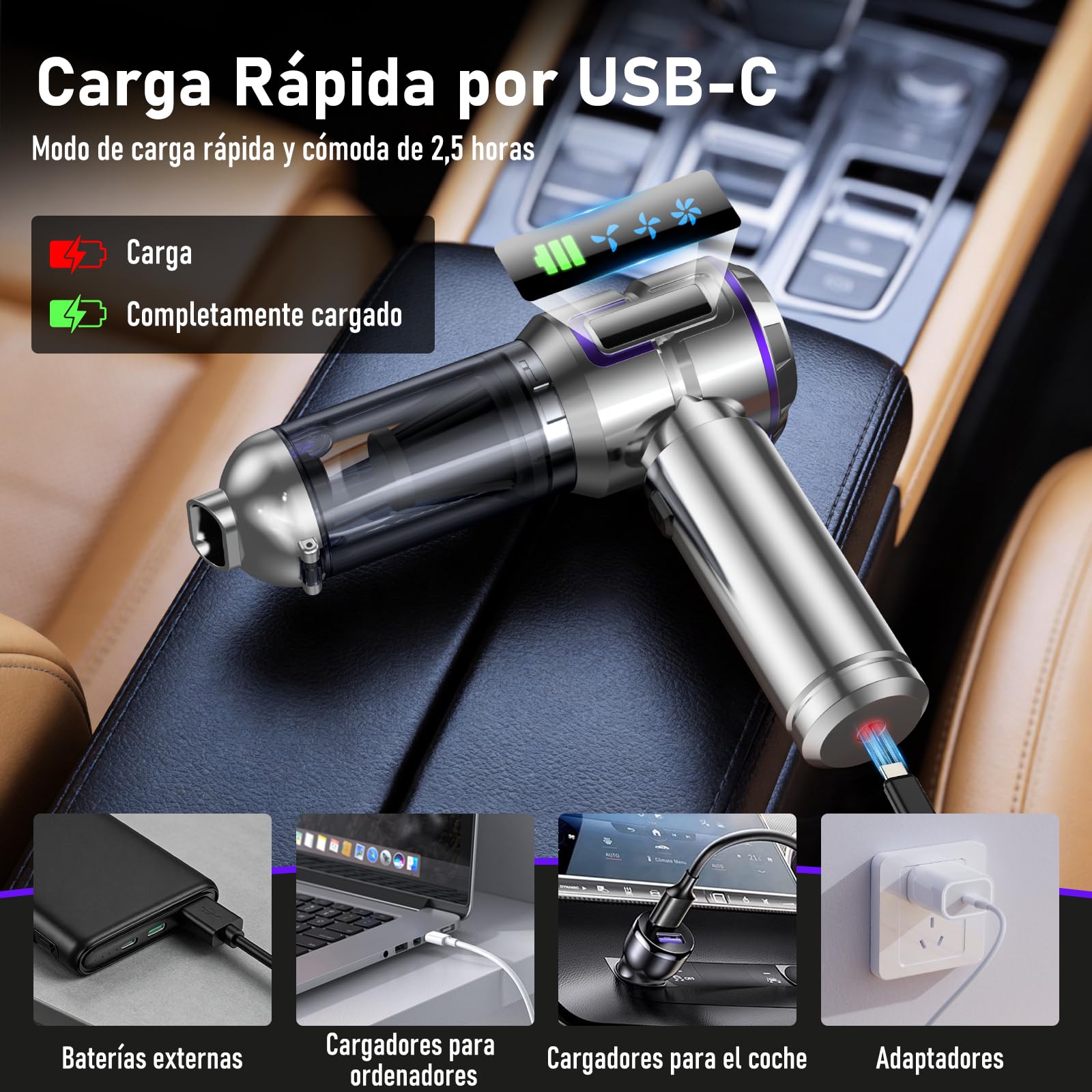 Aspiradora de Mano, 28000Pa Aspiradora sin Cable con Pantalla, 4-en-1 Aspiradora para Coche y 1 Toque, Auto-Aspirador con Motor sin Escobillas y 3 Velocidades para Casa/Oficina/Coche/Pelos, Plateado