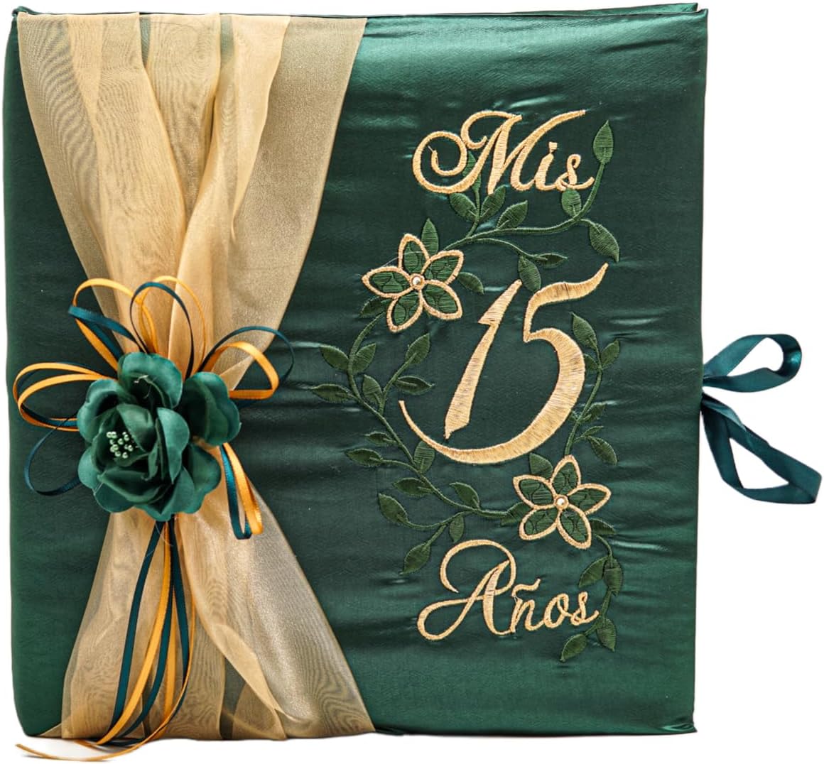 Lassos Boutique 5 Piece Quinceanera Set Mis Quince Set with Kneeling Pillow, Tiara Pillow, Guestbook, Photo Album, Spanish Bible, My Sweet 15 Decorations (Emerald/Gold with English Bible)