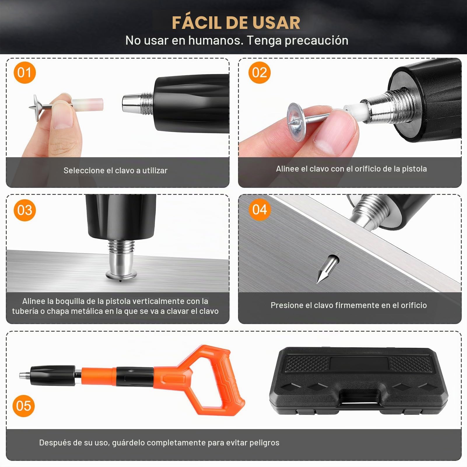 Pistola de clavos manual XIHUANNI con 300 clavos redondos, ajustable de 5 velocidades, para acero y hormigón, portátil y silenciosa, equipo de protección incluido (negro y naranja)