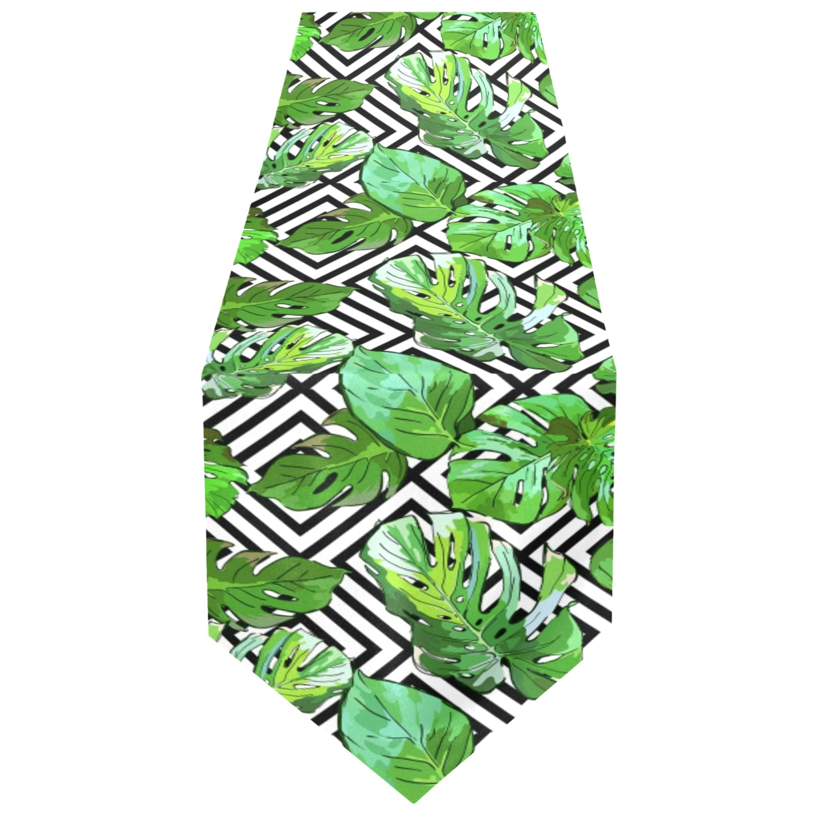 Poeticcity Multi 11 Green Tropical Palm Tree Leaves On Black And White Geometric 13" X 70" Rectangle Table Runner Long Tablecloth Placemat For Party Home Decor Indoor Outdoor Office Kitchen Dining Wedding