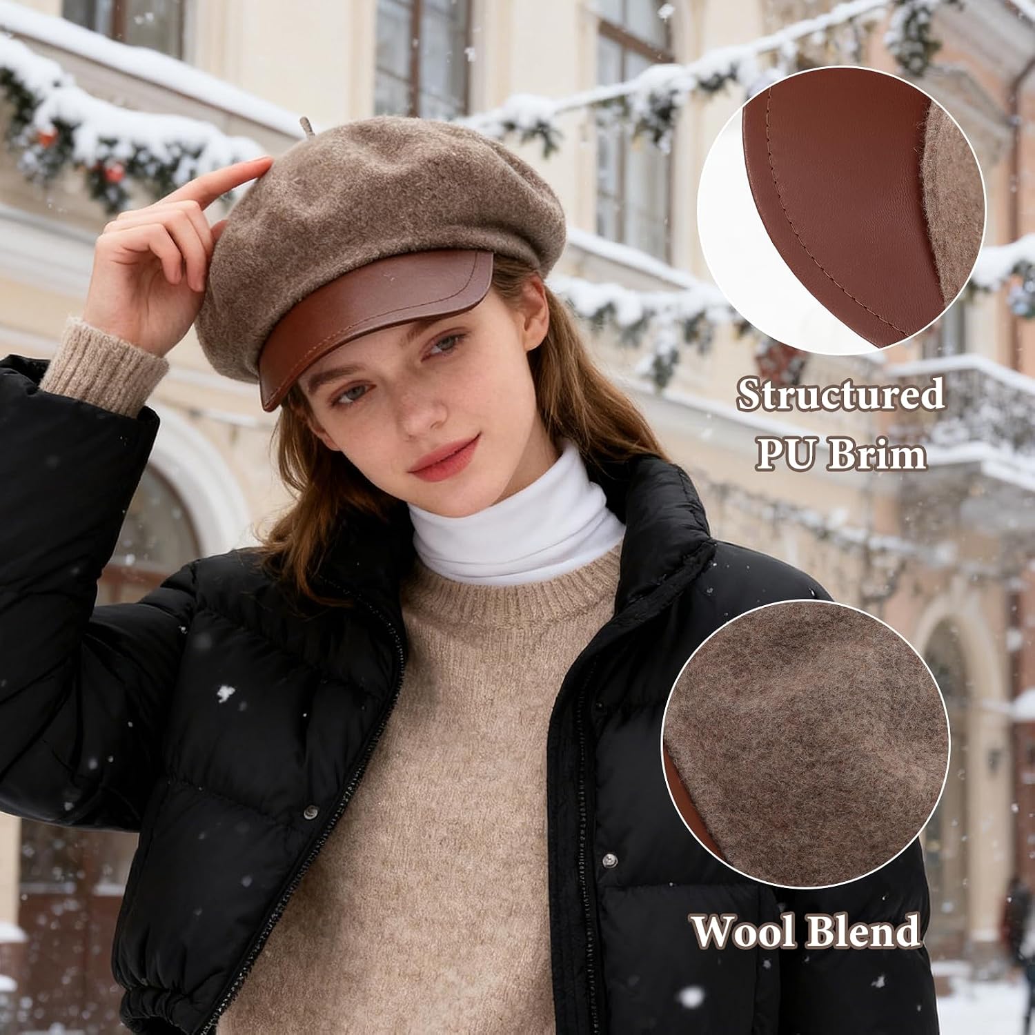 Andiker Beret Hats for Women, Warm Wool Blend and PU Leather Newsboy Hat, Fashion Vintage Ladies Winter Hat