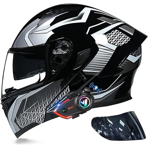 Bluetooth Modular Motorcycle Dual Visor Helmet, DOT Approved Flip Up Full Face Integrated Helmet, with Waterproof Bluetooth can Support Two-Person Intercom, for Adults Men Women