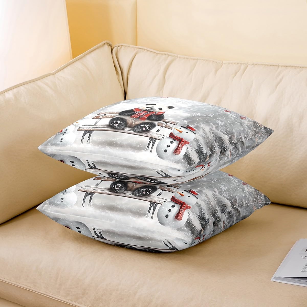 Feelyou Merry Christmas Throw Pillow Covers Cute Panda Pillow Covers for Home Sofa Bed Couch for Kids Boys Girls Xmas Tree Snowman Cushion Covers Snowflake Print Pillowcases, 22x22 Inches Set of 2
