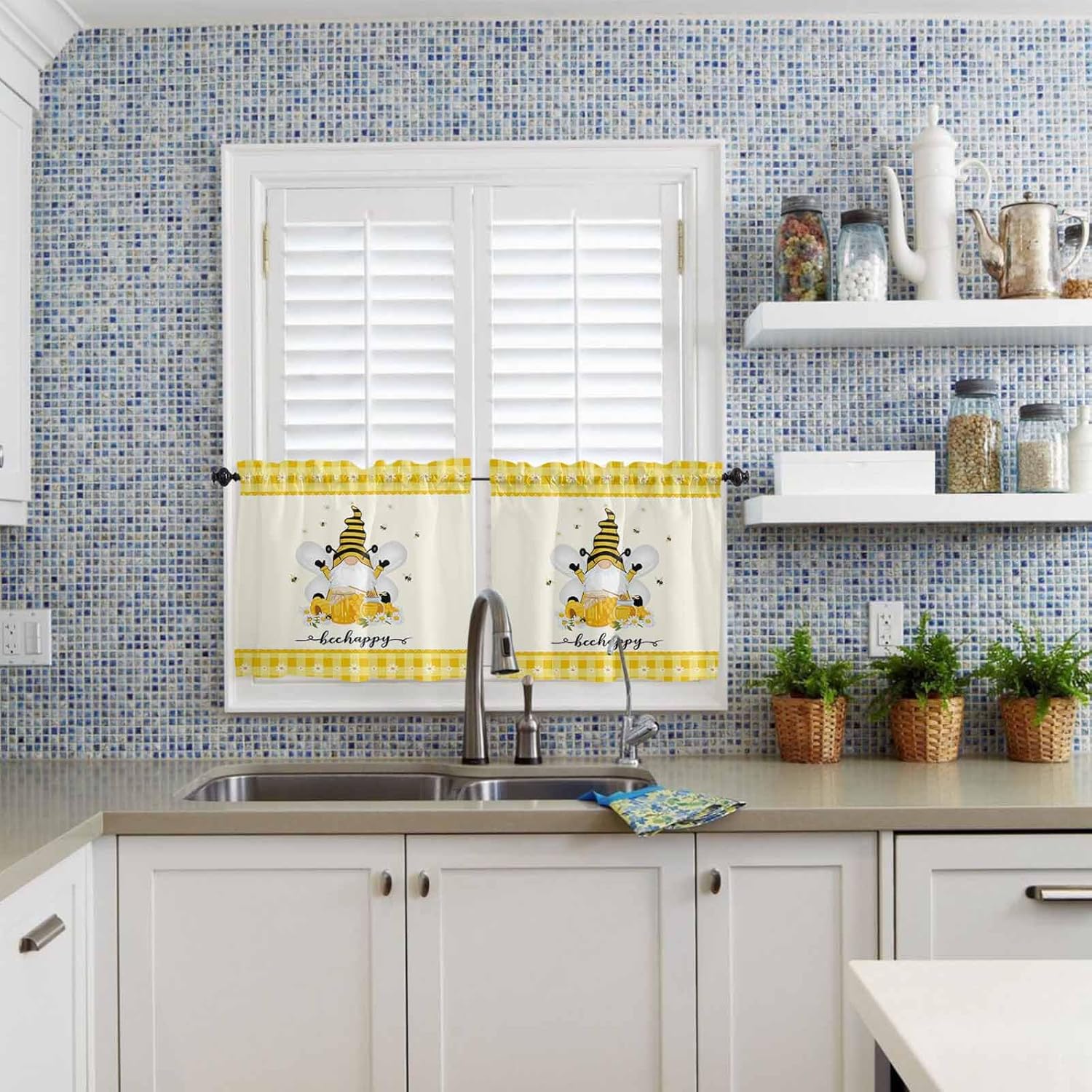 Gnome Bee Window Treatment Panels, Light Filtering Curtains Drapes for Home, Living Room, Bedroom, Kitchen, Hotel 27.5x36inchx2, Sweet Bees Honey Daisy Yellow Plaid