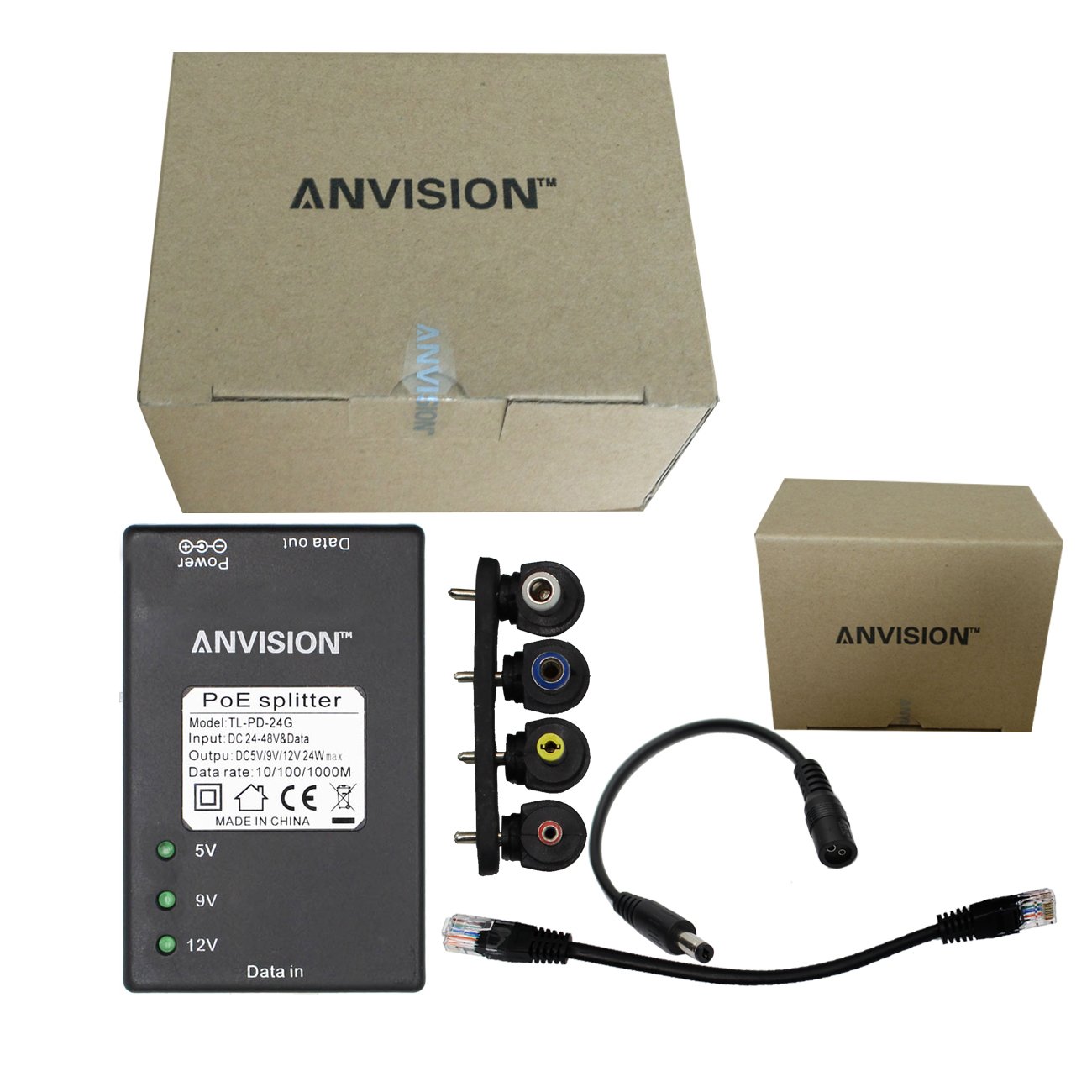 ANVISION Active Gigabit PoE Splitter Adattatore con punte multi-dimensione, 10/100 / 1000Mbps conforme IEEE 802.3af, uscita DC 5V 9V 12V per telecamera IP Wirelss AP Voip Phone
