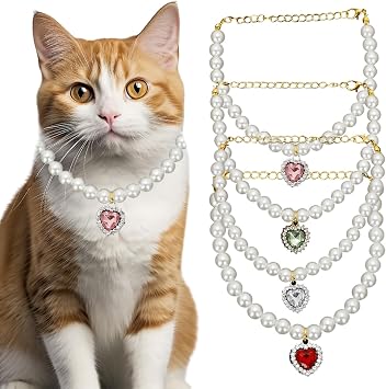4PCS Cat Dog Pearl Collar, Adjustable Heart Shaped Rhinestone Pearl Necklace for Small Pets, Cute Girl Cat Collar