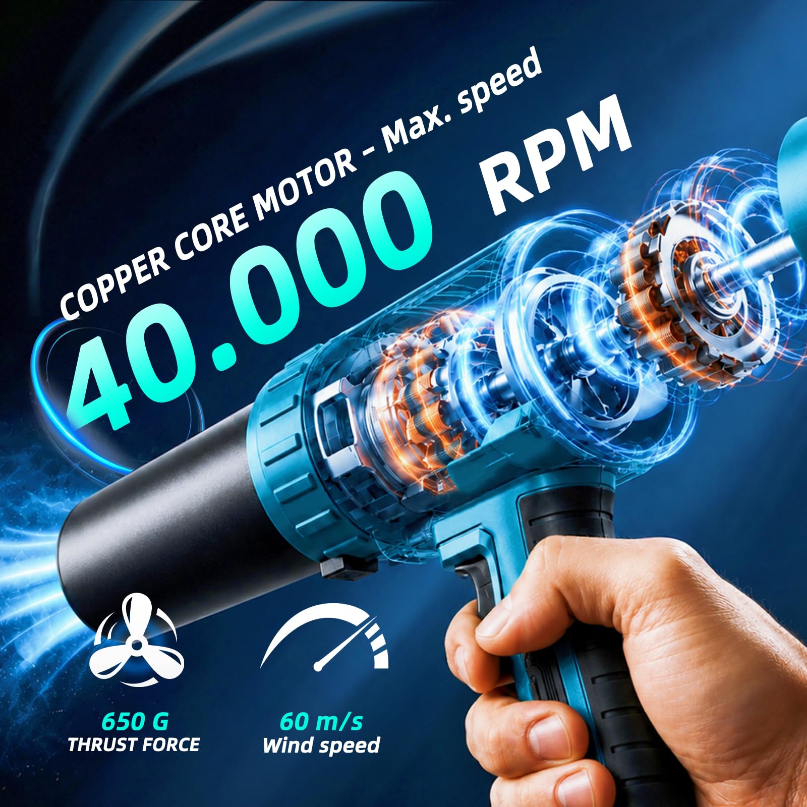 Akumulatorowa dmuchawa do liści, turbo, kompatybilna z Makita 18 V – 80000 obr./min, 60 m/s i 850 g – w zestawie 2 x akumulatory 2000 mAh, 3 dysze, niebieska (z akumulatorem)