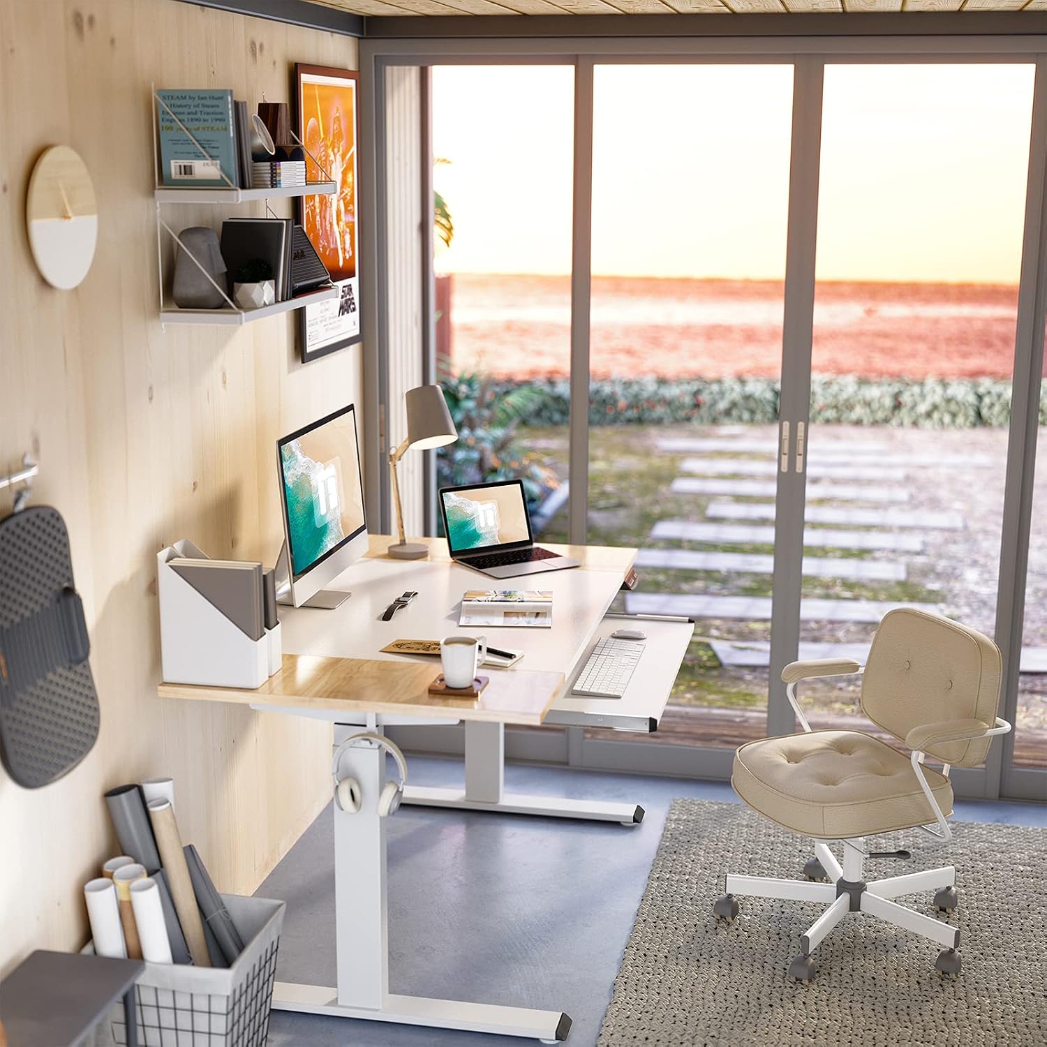 FEZIBO Dual Motor Height Adjustable Electric Standing Desk with Keyboard Tray, 48 x 24 Inch Sit Stand Table with Splice Board, White Frame/Natural and White Top