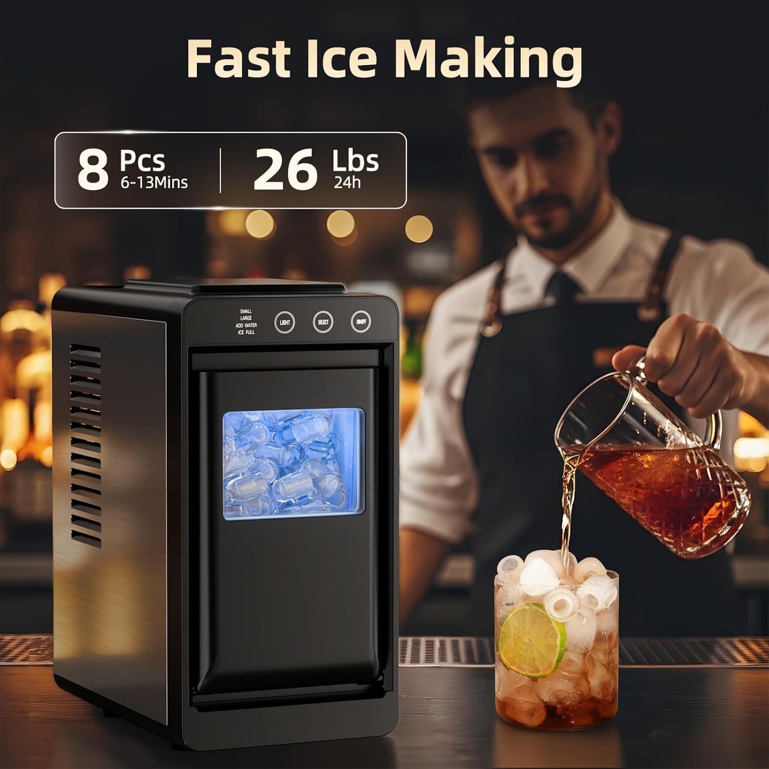 Antarctic Star Ice Maker, Auto Clean with Basket & Scoop, Portable for Home/Kitchen/Camping/RV, 26lbs in 24Hrs, 8 Cubes in 6 Mins, 0.8L Tank & 1.1lb Storage