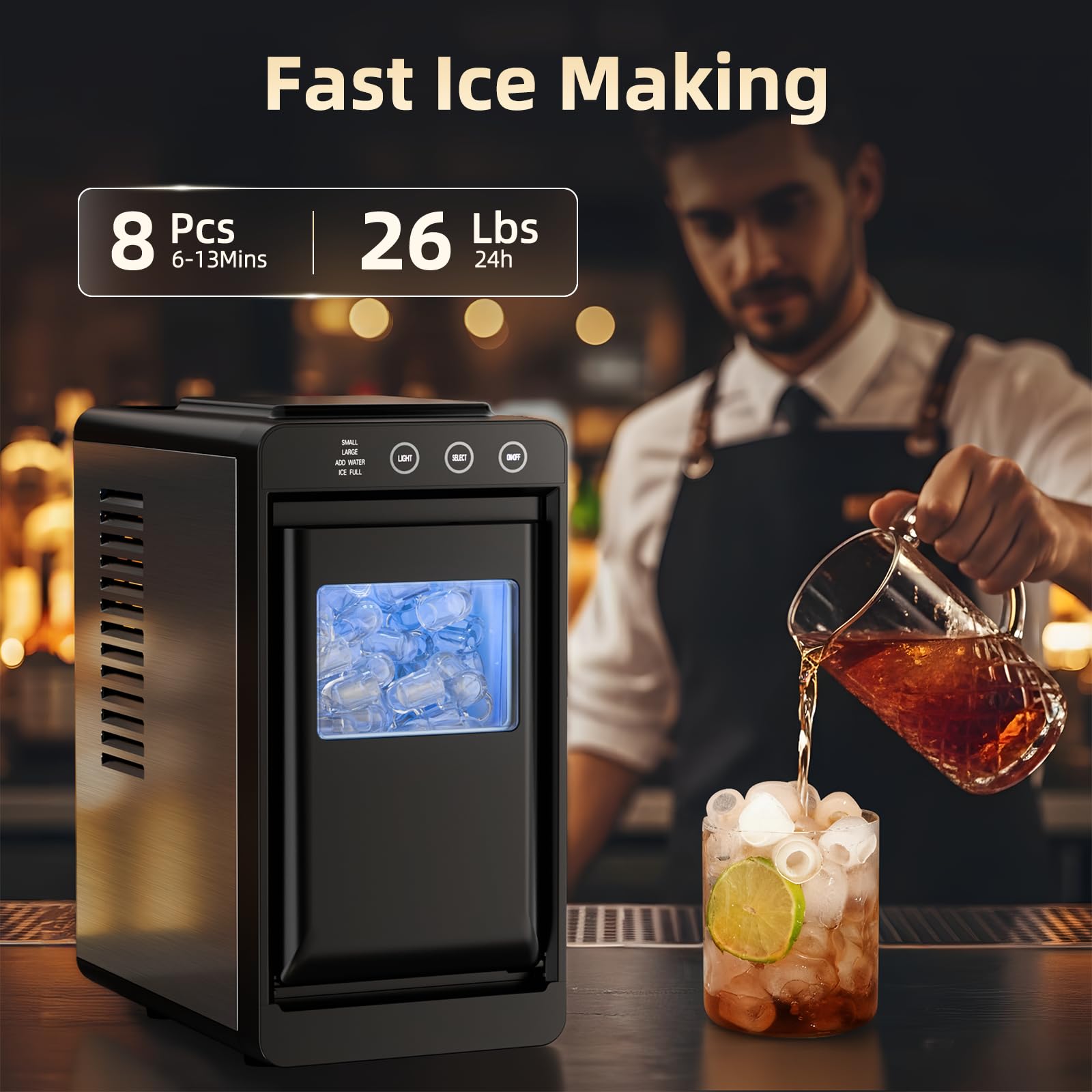 Antarctic Star Máquina de hielo, limpieza automática con cesta y cuchara, portátil para el hogar/cocina/campamento/RV, 26 libras en 24 horas, 8 cubos en 6 minutos, tanque de 0.8 L y almacenamiento de
