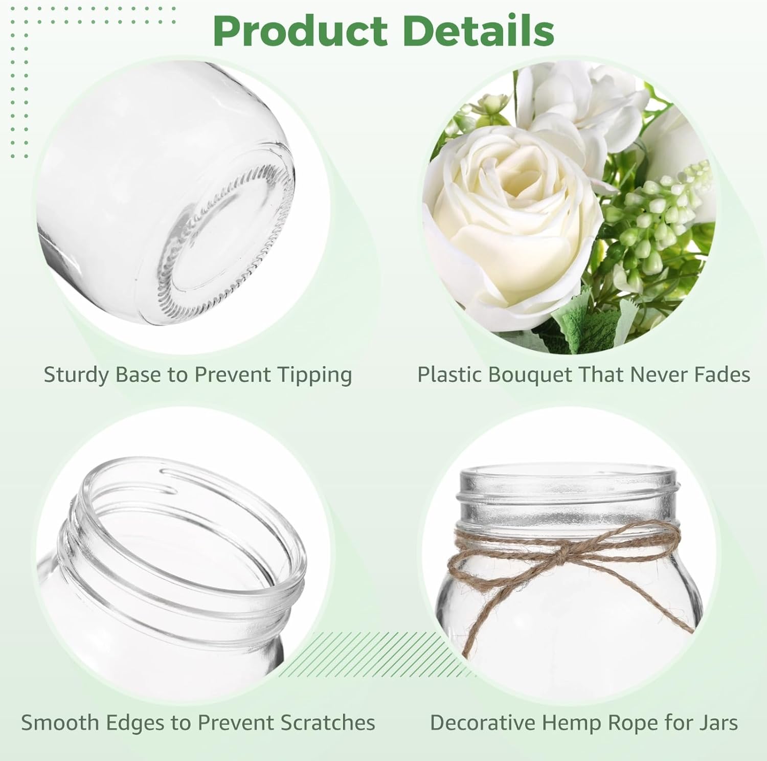 10 Pcs Mason Jar Vase Flower Centerpieces for Tables - 10 Long-lasting 17 fl oz /500 ml Glass Jars and 32.8 ft / 10 m Hemp Ropes, No Maintenance Faux Floral Decor, Elegant Table Centerpiece Set - Image 3