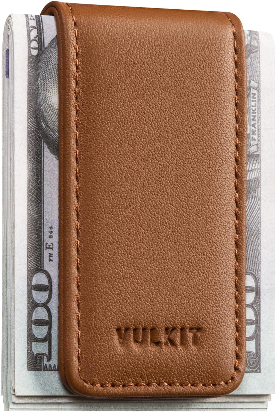 VULKIT Magnetic Money Clip Top Grain Leather Cash Holder Minimalist Design Holds Up to 15 Cash