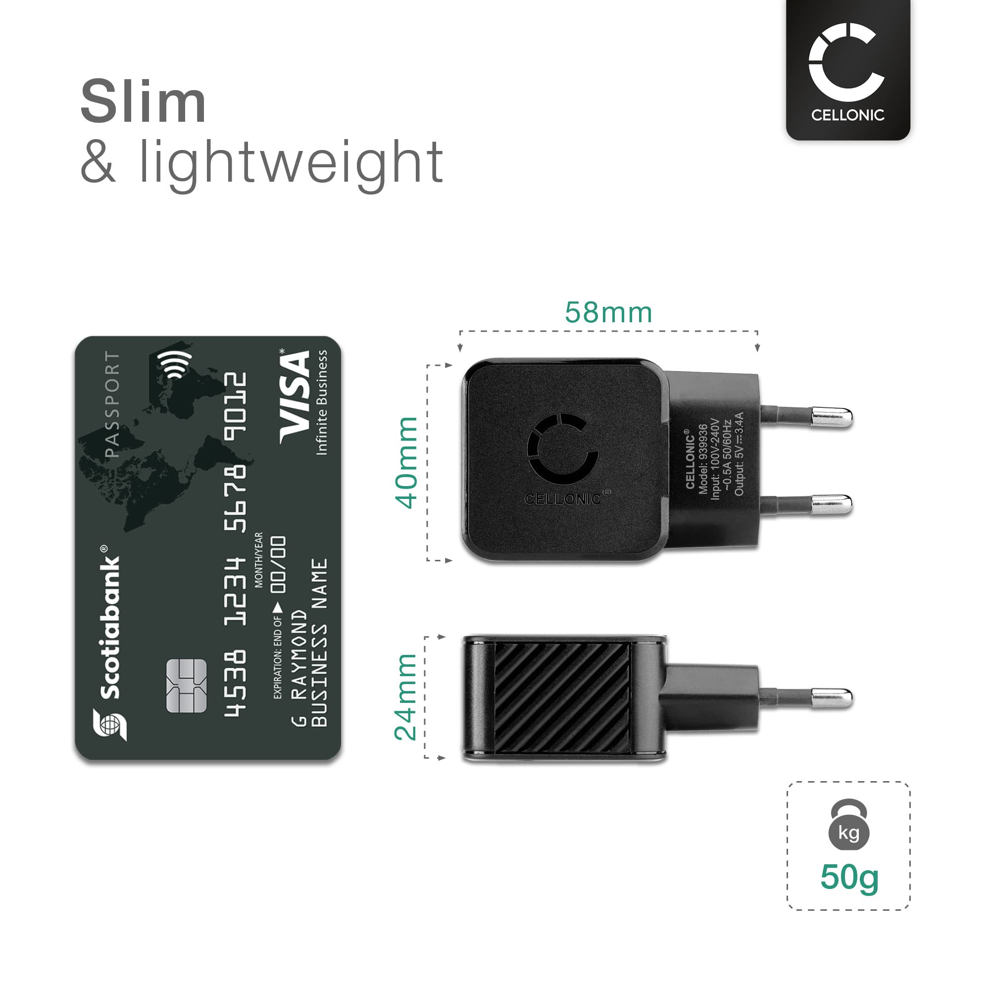 CELLONIC 2-drożna ładowarka USB: 3,4 A, 17 W ładowarka do telefonu komórkowego, smartfona, tabletu, podwójna wtyczka do ładowania: podwójne złącze - wielokrotny adapter do ładowania, gniazdko
