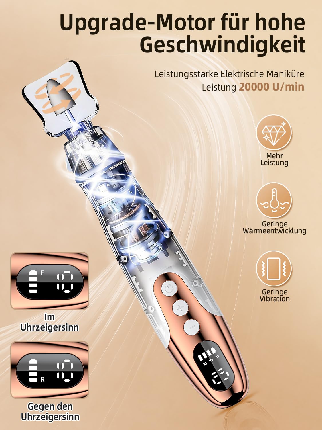 Nagelfräser Kabellos - 11 in 1 Tragbar Maniküre Set mit 10 Geschwindigkeiten und LED Licht, Pediküre Set Fußpflege Elektrisch, USB Wiederaufladbare Elektrische Nagelfeile für Gelnägel, Acrylnägel