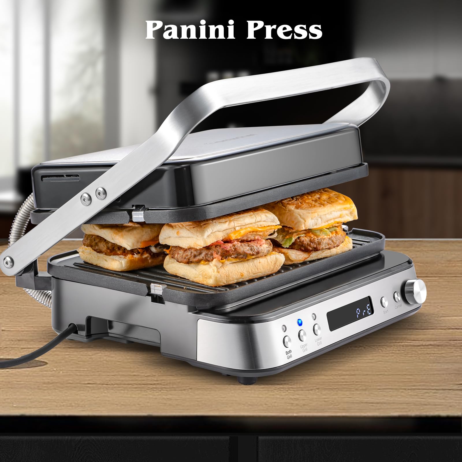 AMZCHEF 4 in 1 Multifunzione Grill Elettrico, Piastra Grill, Waffle Maker e Piastra per Panini con 4 Non-Stick Griglia Elettrica, Display LED, Temperatura e Tempo Regolabili, 2000W