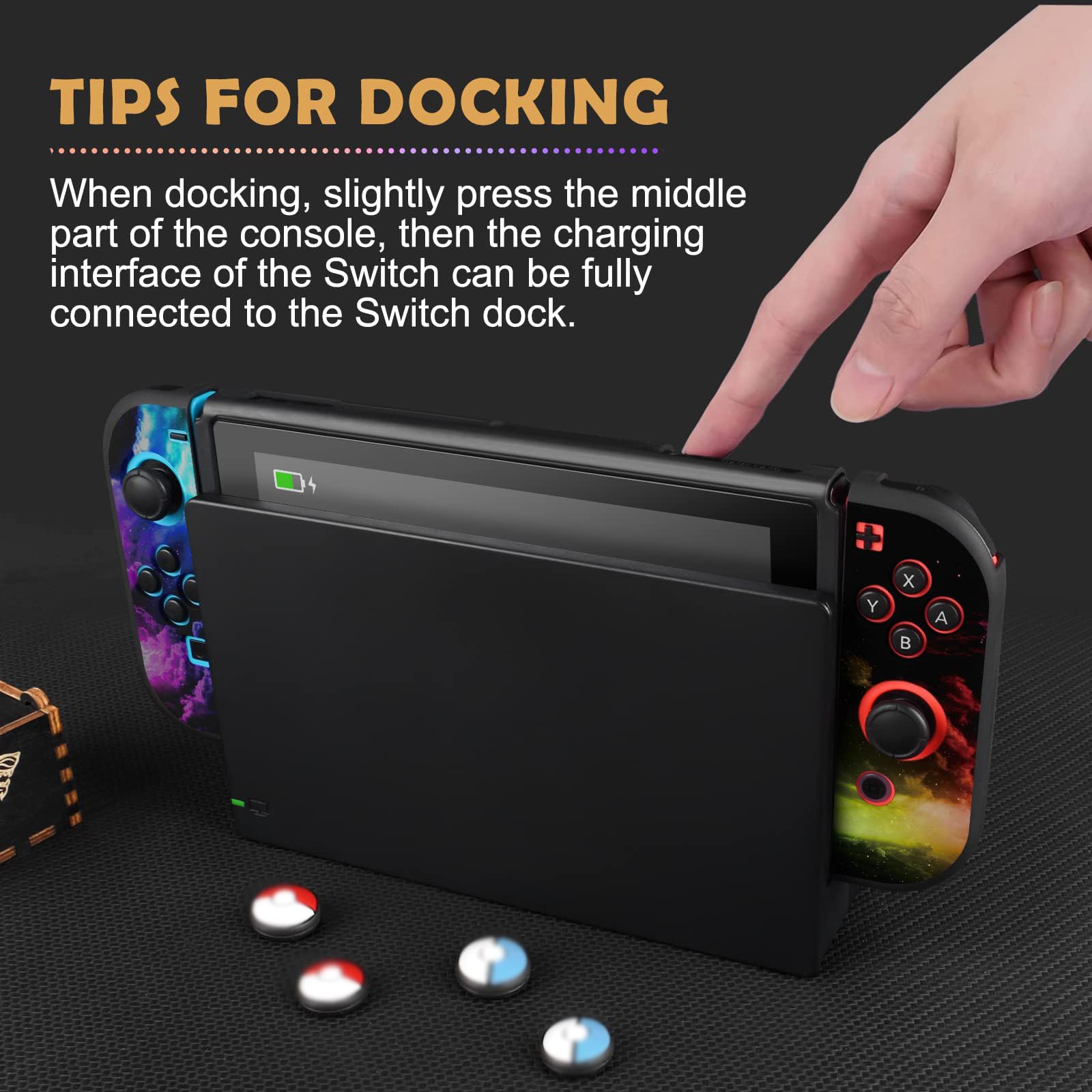 DLseego Coque Compatible avec la Switch, Étuis de Protection en TPU Souple pour la Switch, avec 2 Housses Souples pour Le Joycon et 4 Thumb Grip Caps,éléments de Jeux Anime, Boules d'elfes